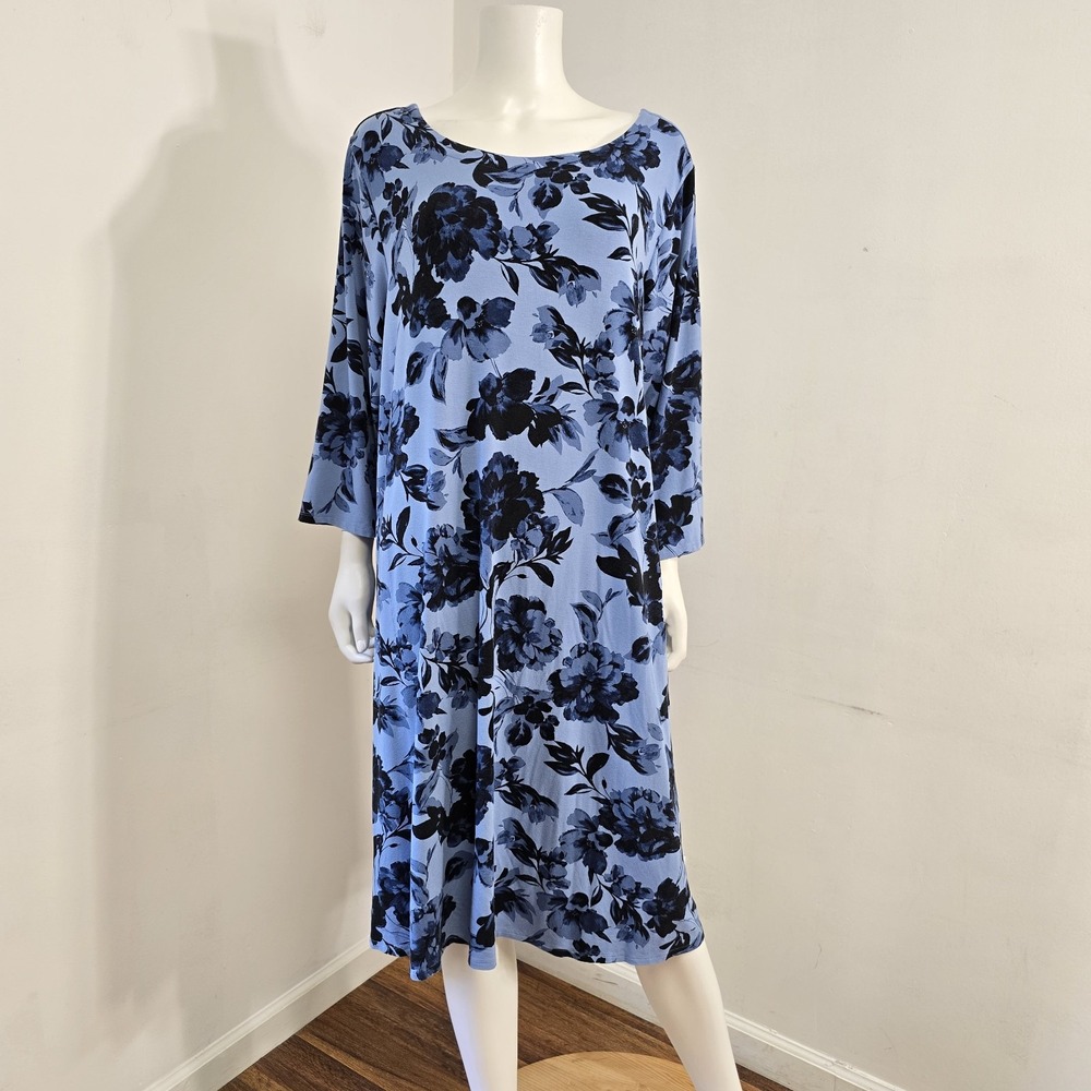 J Jill Wearever Collection Dress Size 3X Blue Floral 3/4 Sleeve Midi Pockets